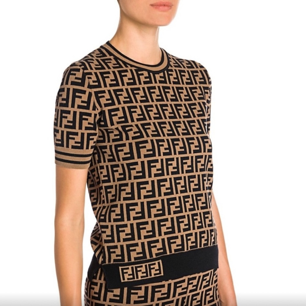 Fendi Tan and Brown Fitted T-Shirt Sweater